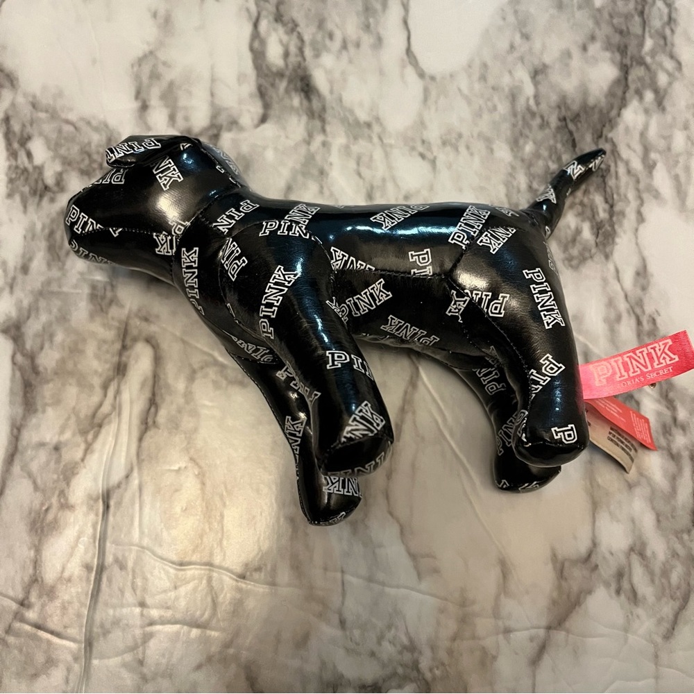 Victoria Secret Pink Plush Dog Black Faux Leather Vinyl